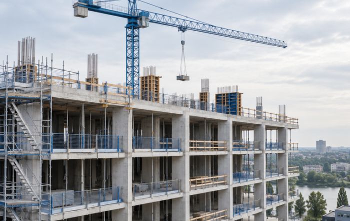 Betonnen gebouw in aanbouw met een blauwe torenkraan.