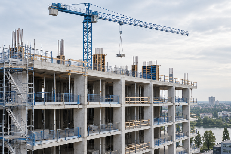 Betonnen gebouw in aanbouw met een blauwe torenkraan.