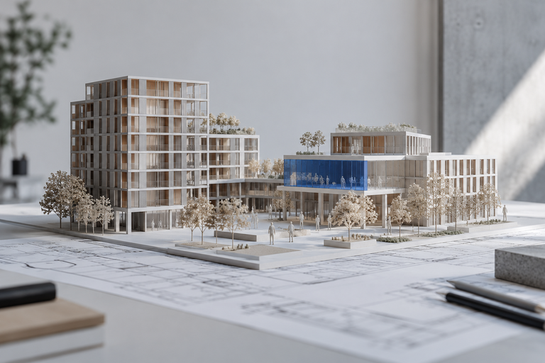 Architecturale maquette van een bouwproject met een blauw accentvolume.