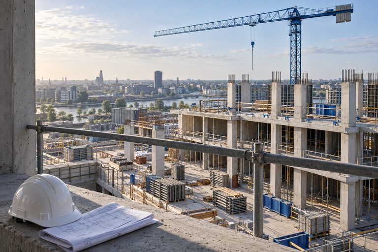 Overzicht van een bouwwerf met een veiligheidshelm en bouwplannen op de voorgrond.